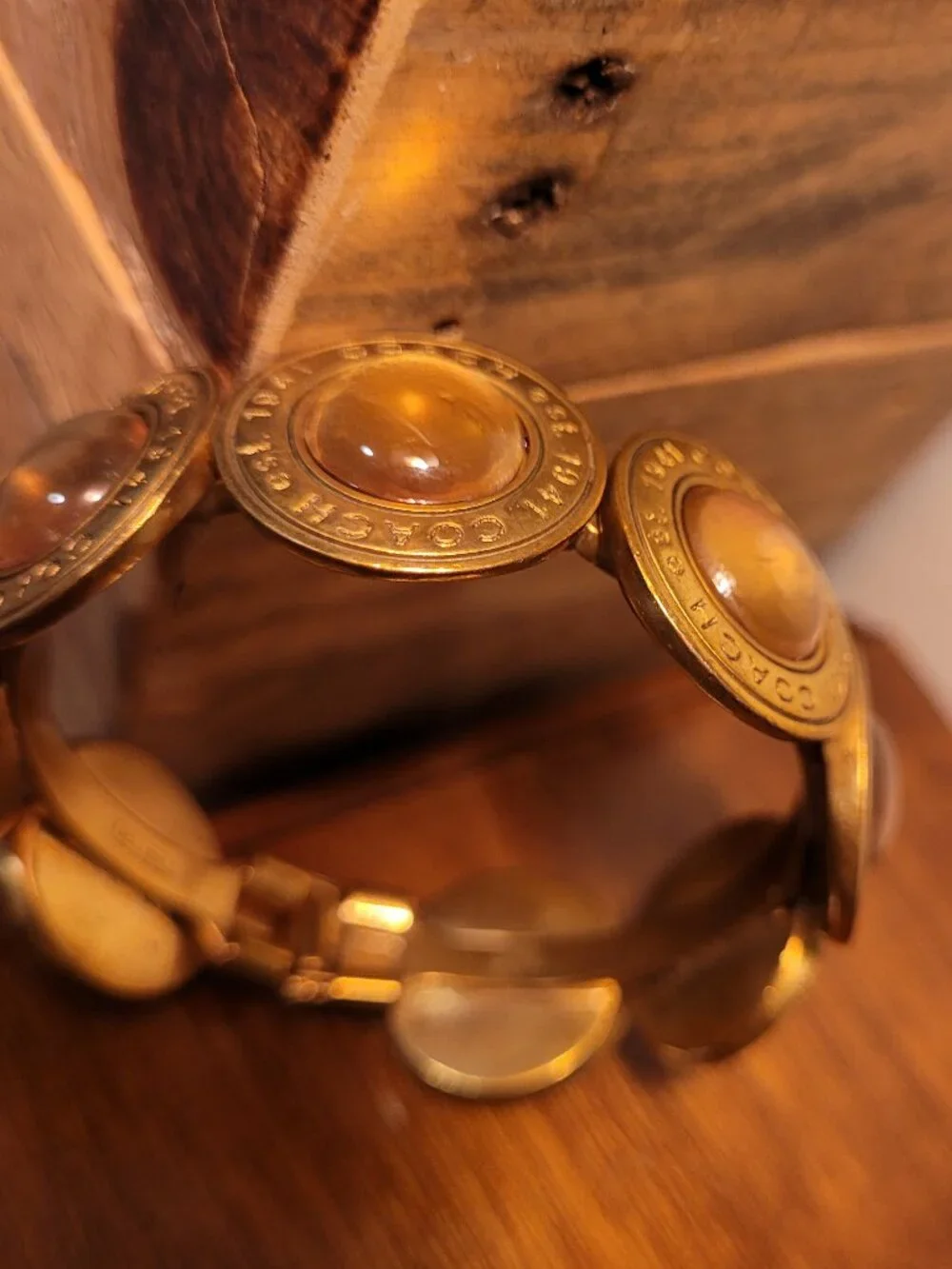 Coach Brass & Cabochon Medallion Hinged Bangle Bracelet Amber/Honey